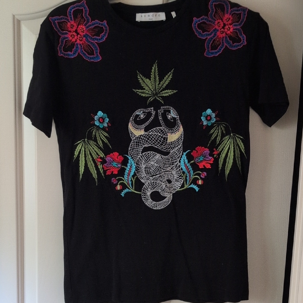 Sandro Black Tee with Colorful Embroidery - Picture 1 of 6
